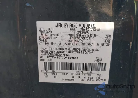 2013 Ford F-150 Platinum из США, поврежденный, VIN 1FTFW1ET3DFB29872